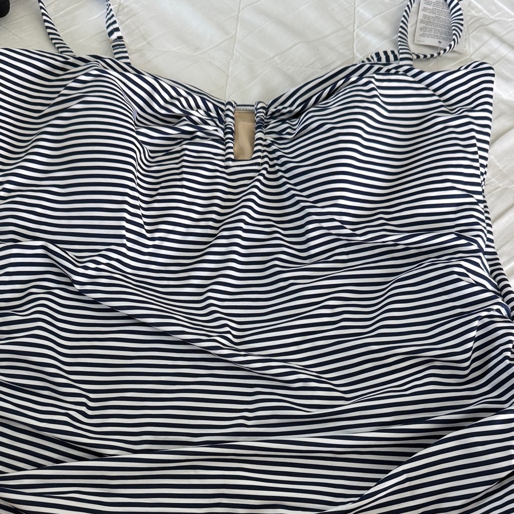 Lands' End Navy and White Striped Swim Camisole with Front Keyhole